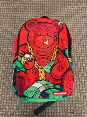 Sprayground Money Bear NBA - Red Backpack with Green and Gold Accents